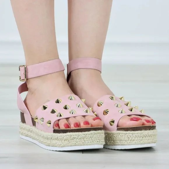 Dusty Pink Nubuck Metal Stud Sandals Espadrille Platform Heel - Picture 9 of 13